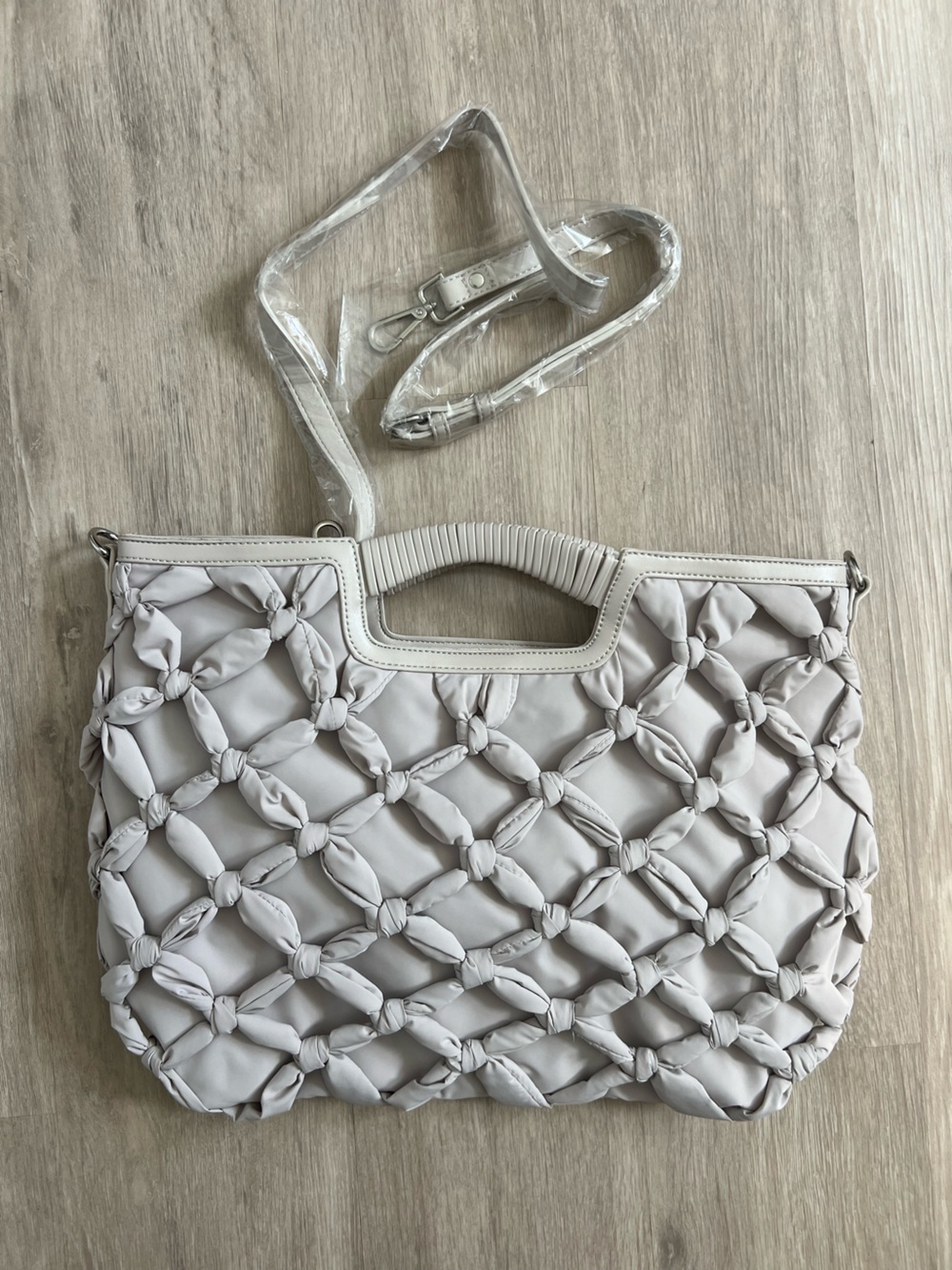 Moda Luxe Svelte Tote Handbag Woven Knots Top Handle Adjustable Strap Dove Grey